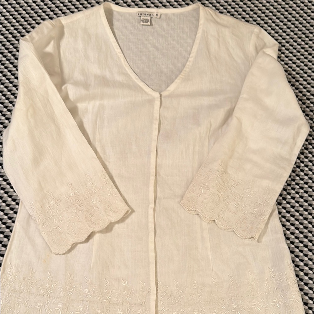 White Embroidered linen and cotton blouse.